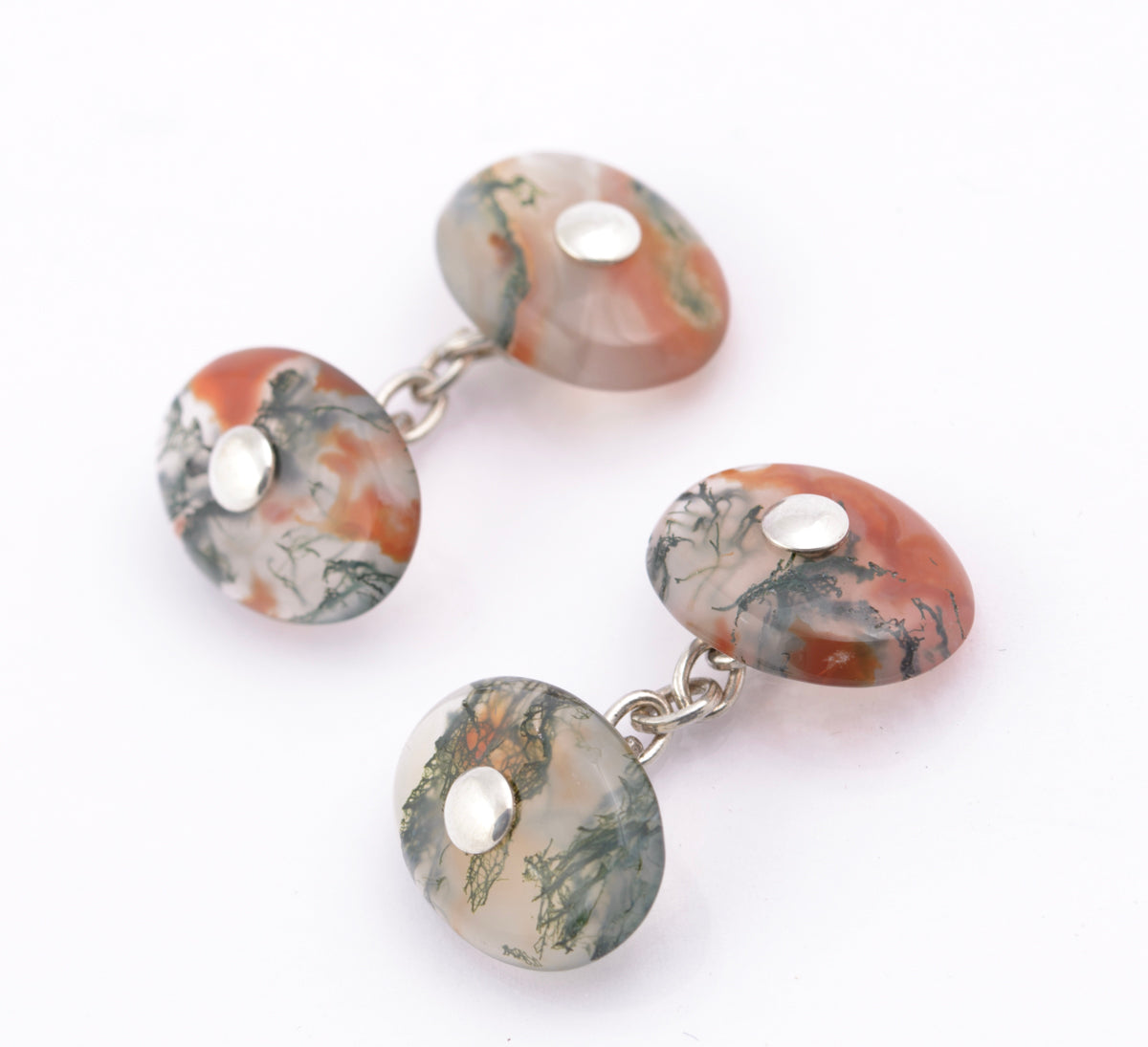 Pair Antique Cufflinks Scottish Moss Agate Cabochon & .800 Silver Men's (B2364)