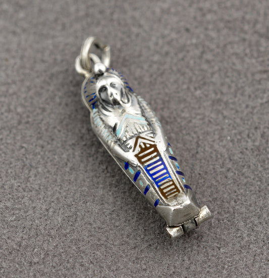 Antique Egyptian Opening Sarcophagus With Mummy Charm .800 Silver & Enamel (B2367)
