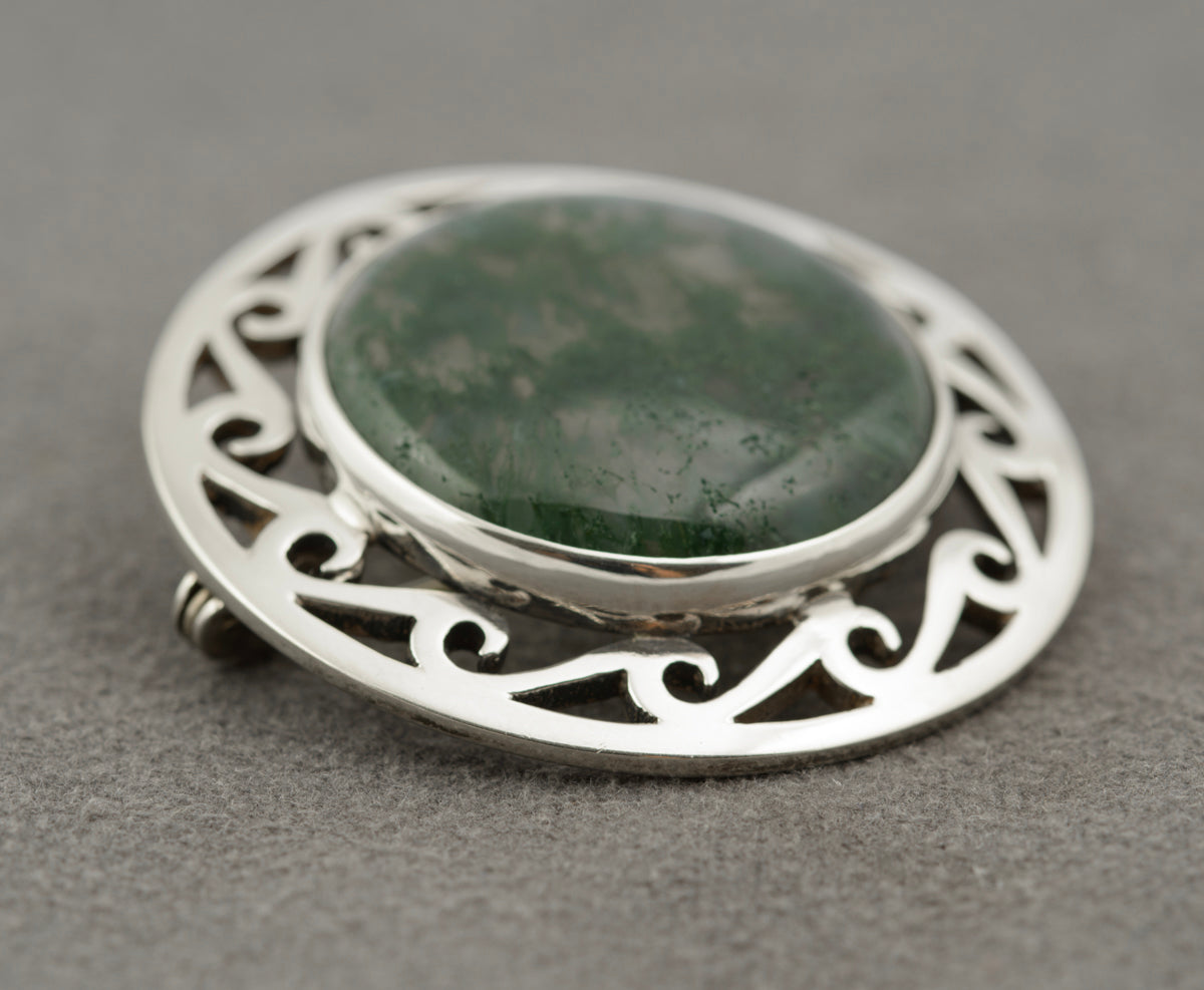 Vintage Scottish Sterling Silver Celtic Brooch - Moss Agate Cabochon Hallmarked (B2371)