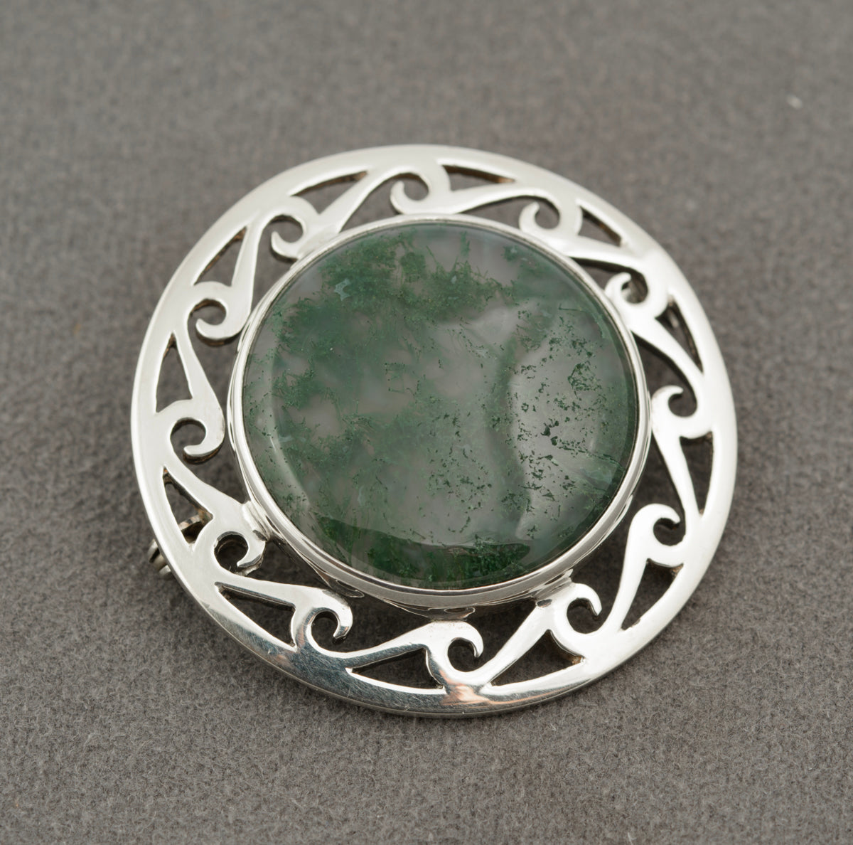 Vintage Scottish Sterling Silver Celtic Brooch - Moss Agate Cabochon Hallmarked (B2371)