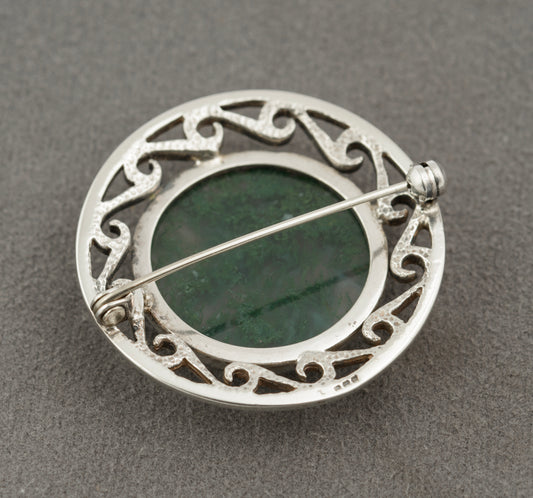 Vintage Scottish Sterling Silver Celtic Brooch - Moss Agate Cabochon Hallmarked (B2371)