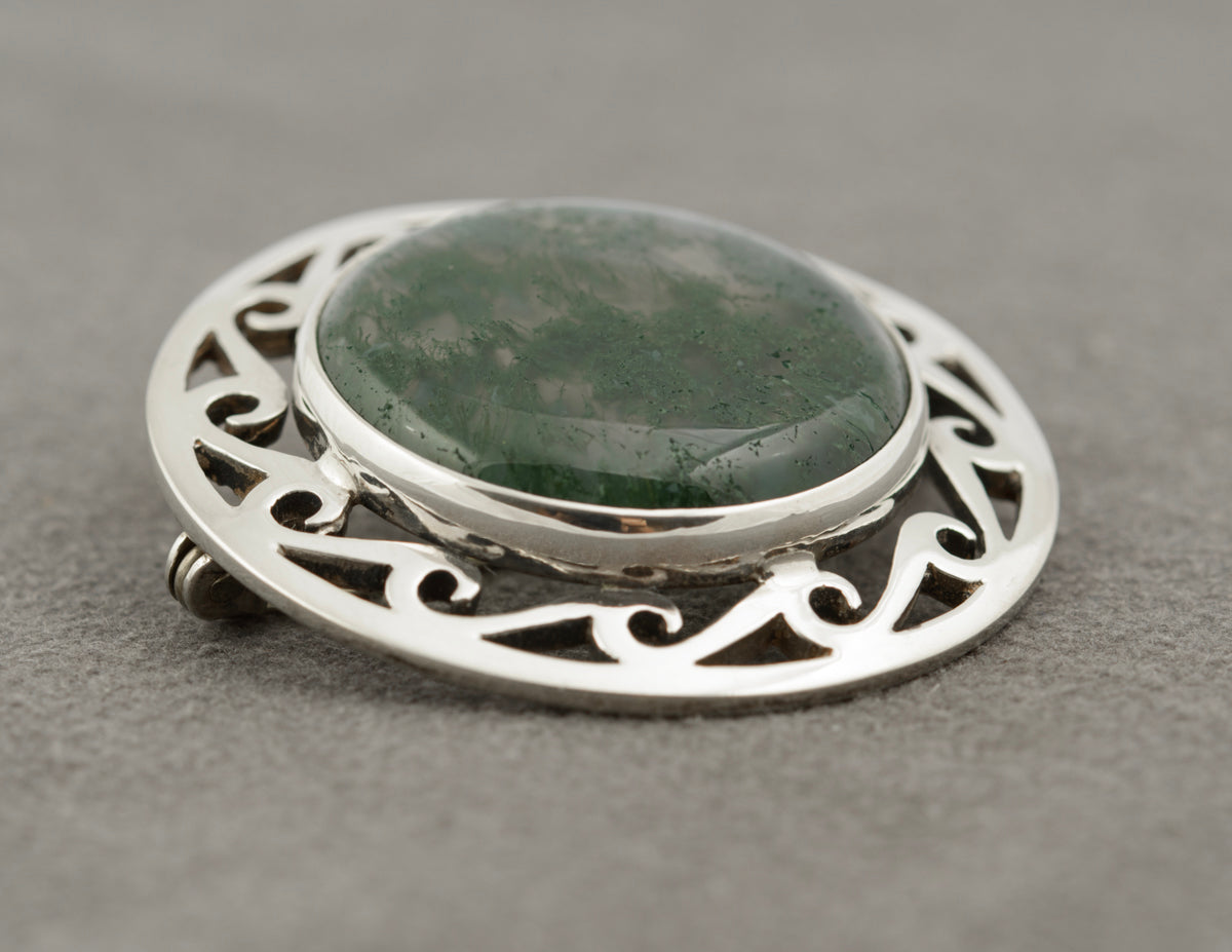 Vintage Scottish Sterling Silver Celtic Brooch - Moss Agate Cabochon Hallmarked (B2371)