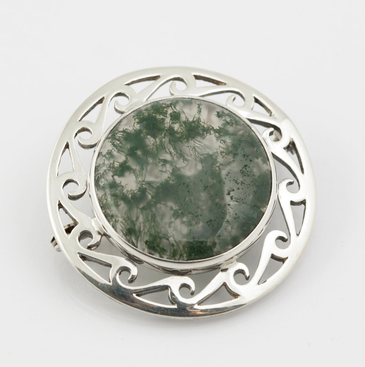 Vintage Scottish Sterling Silver Celtic Brooch - Moss Agate Cabochon Hallmarked (B2371)
