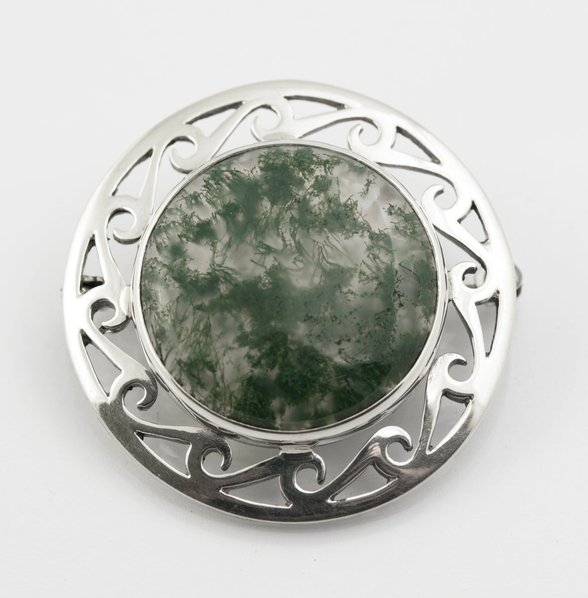 Vintage Scottish Sterling Silver Celtic Brooch - Moss Agate Cabochon Hallmarked (B2371)