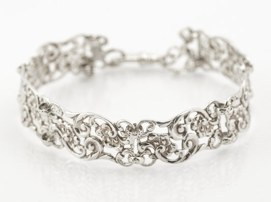 Vintage Sterling Silver Open Work Panel Bracelet With Watch Hook Clasp (B2381)