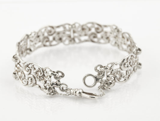 Vintage Sterling Silver Open Work Panel Bracelet With Watch Hook Clasp (B2381)
