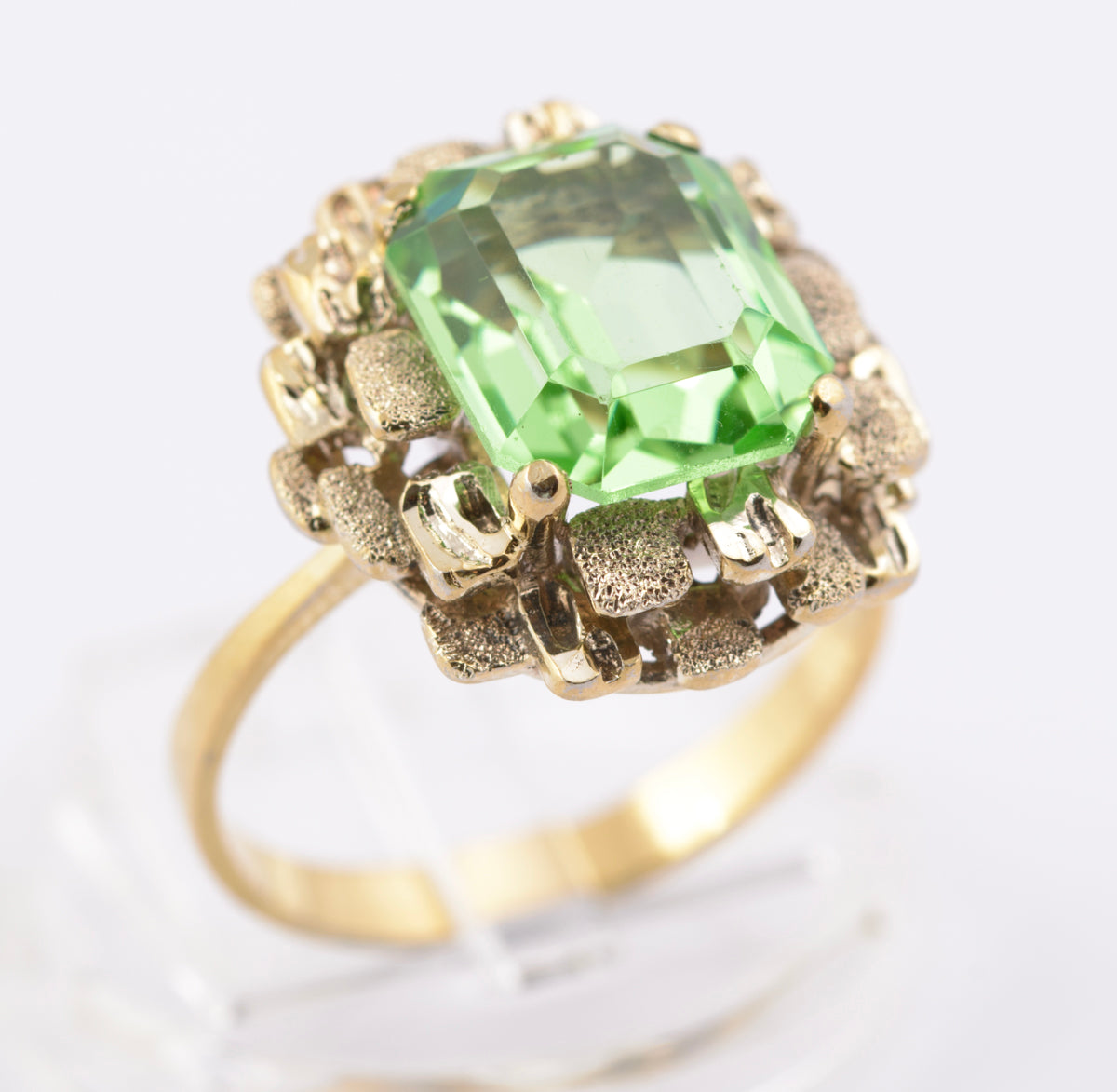 Vintage Brutalist Mid Century Vaseline Glass Gem Sterling Silver Ring By KRS (B2383)