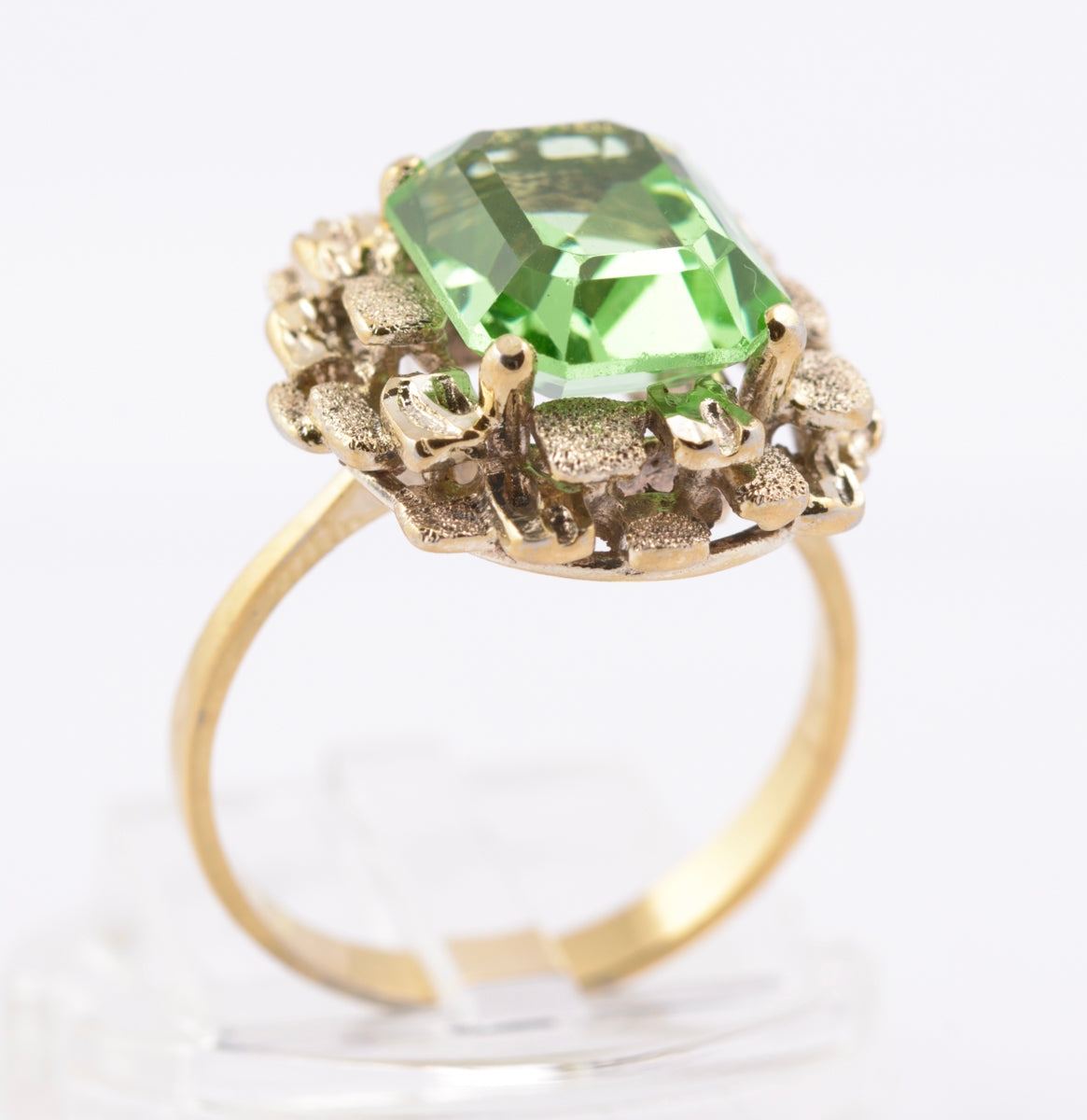 Vintage Brutalist Mid Century Vaseline Glass Gem Sterling Silver Ring By KRS (B2383)