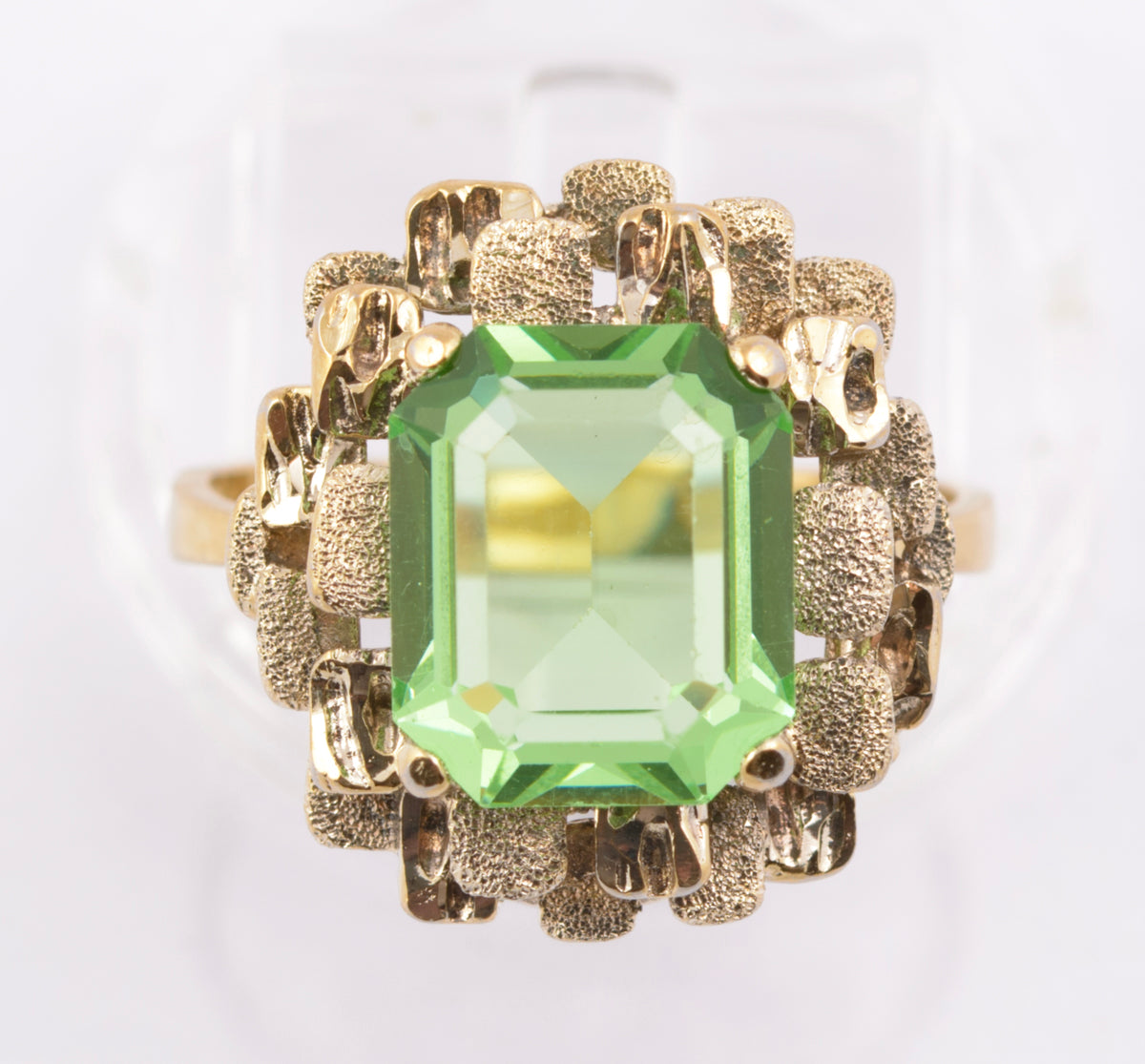 Vintage Brutalist Mid Century Vaseline Glass Gem Sterling Silver Ring By KRS (B2383)