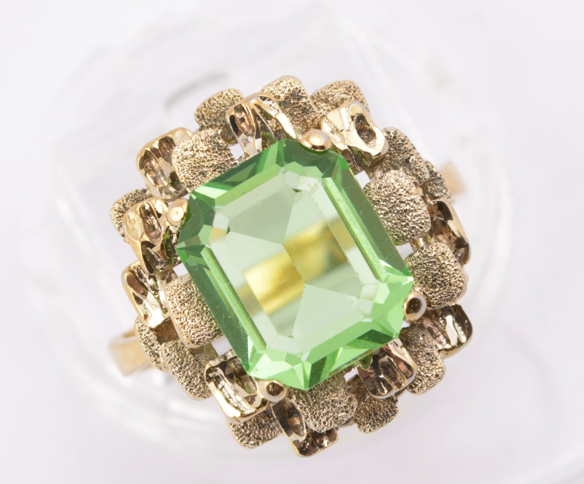 Vintage Brutalist Mid Century Vaseline Glass Gem Sterling Silver Ring By KRS (B2383)