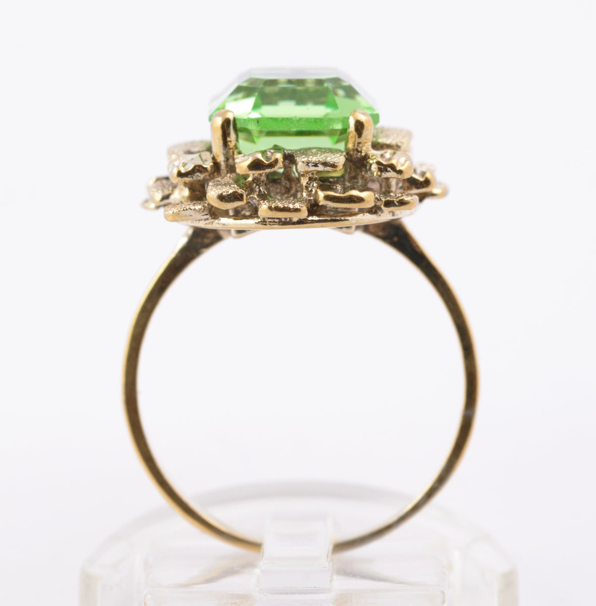 Vintage Brutalist Mid Century Vaseline Glass Gem Sterling Silver Ring By KRS (B2383)