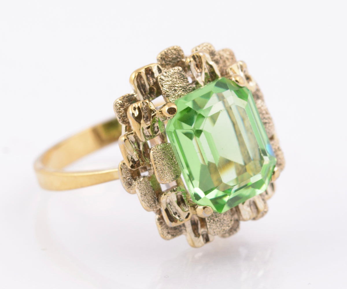 Vintage Brutalist Mid Century Vaseline Glass Gem Sterling Silver Ring By KRS (B2383)