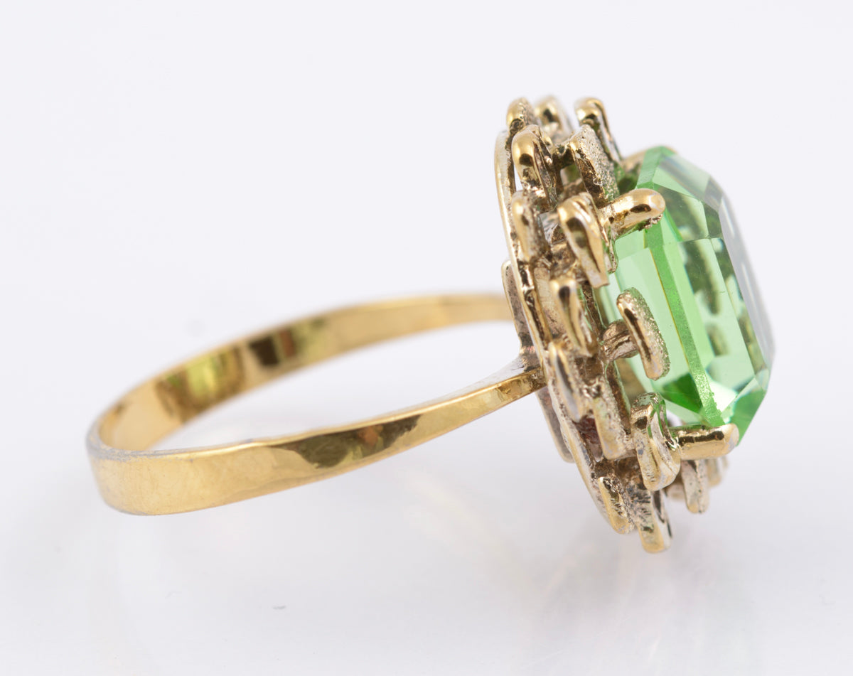 Vintage Brutalist Mid Century Vaseline Glass Gem Sterling Silver Ring By KRS (B2383)