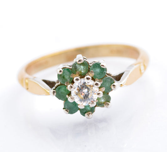 Vintage 9ct Gold & Silver Ring With Natural Emerald Halo Hallmarked 1989 (B2384)