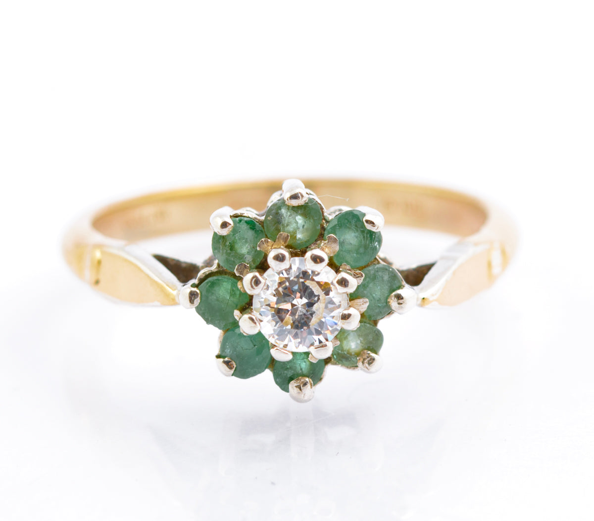Vintage 9ct Gold & Silver Ring With Natural Emerald Halo Hallmarked 1989 (B2384)