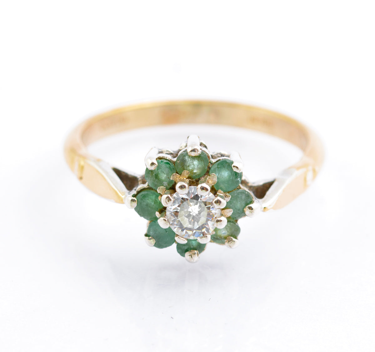 Vintage 9ct Gold & Silver Ring With Natural Emerald Halo Hallmarked 1989 (B2384)