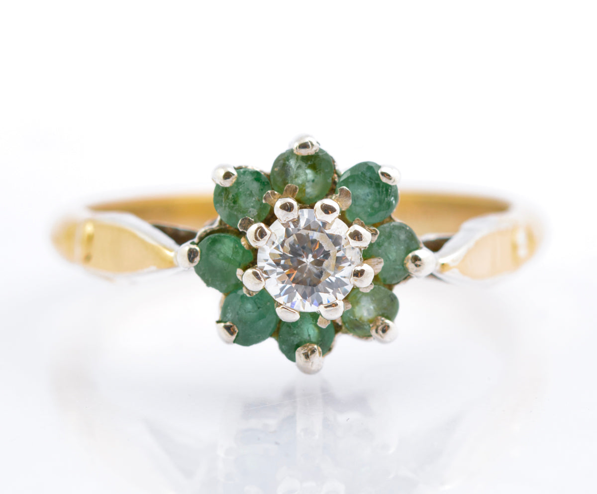 Vintage 9ct Gold & Silver Ring With Natural Emerald Halo Hallmarked 1989 (B2384)