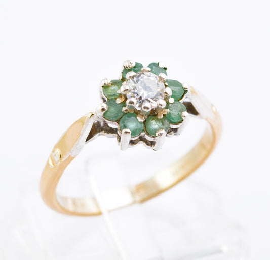 Vintage 9ct Gold & Silver Ring With Natural Emerald Halo Hallmarked 1989 (B2384)
