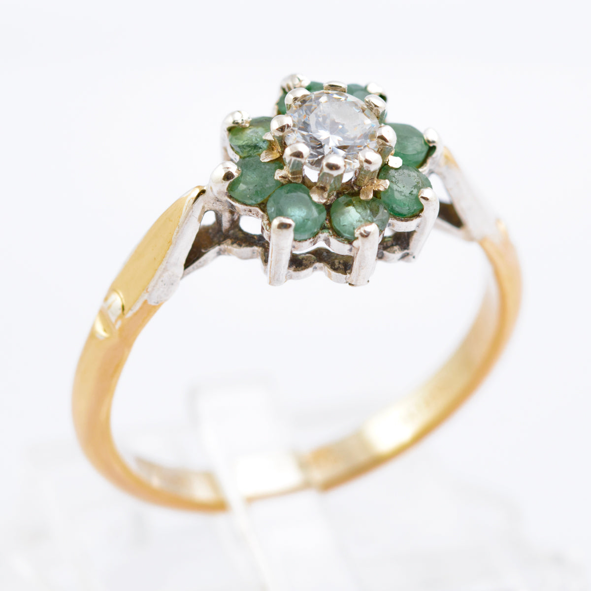 Vintage 9ct Gold & Silver Ring With Natural Emerald Halo Hallmarked 1989 (B2384)
