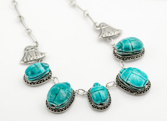 Vintage Egyptian Revival .800 Silver & Faience Pottery Scarab Beetle Necklace (B2387)