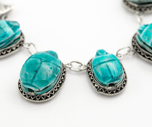Vintage Egyptian Revival .800 Silver & Faience Pottery Scarab Beetle Necklace (B2387)
