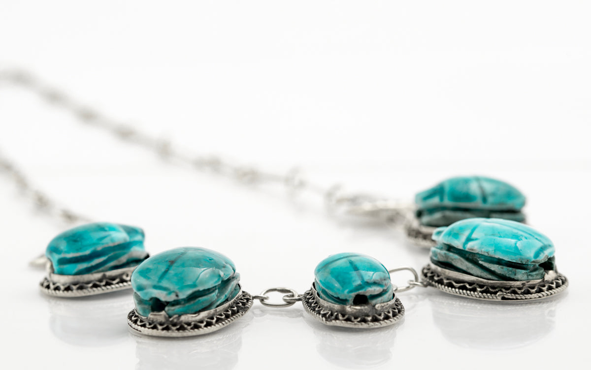Vintage Egyptian Revival .800 Silver & Faience Pottery Scarab Beetle Necklace (B2387)
