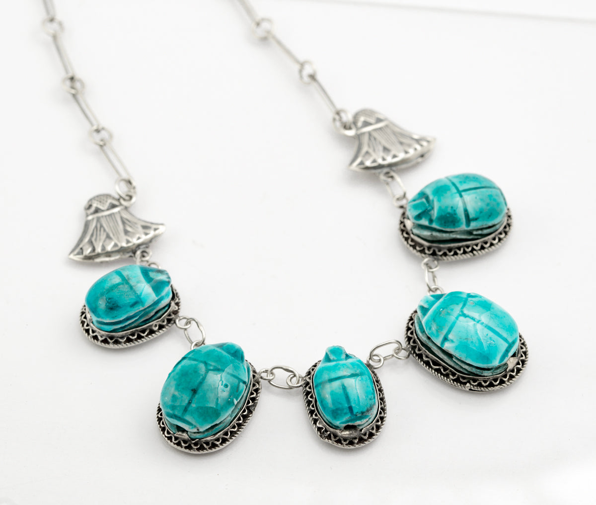 Vintage Egyptian Revival .800 Silver & Faience Pottery Scarab Beetle Necklace (B2387)