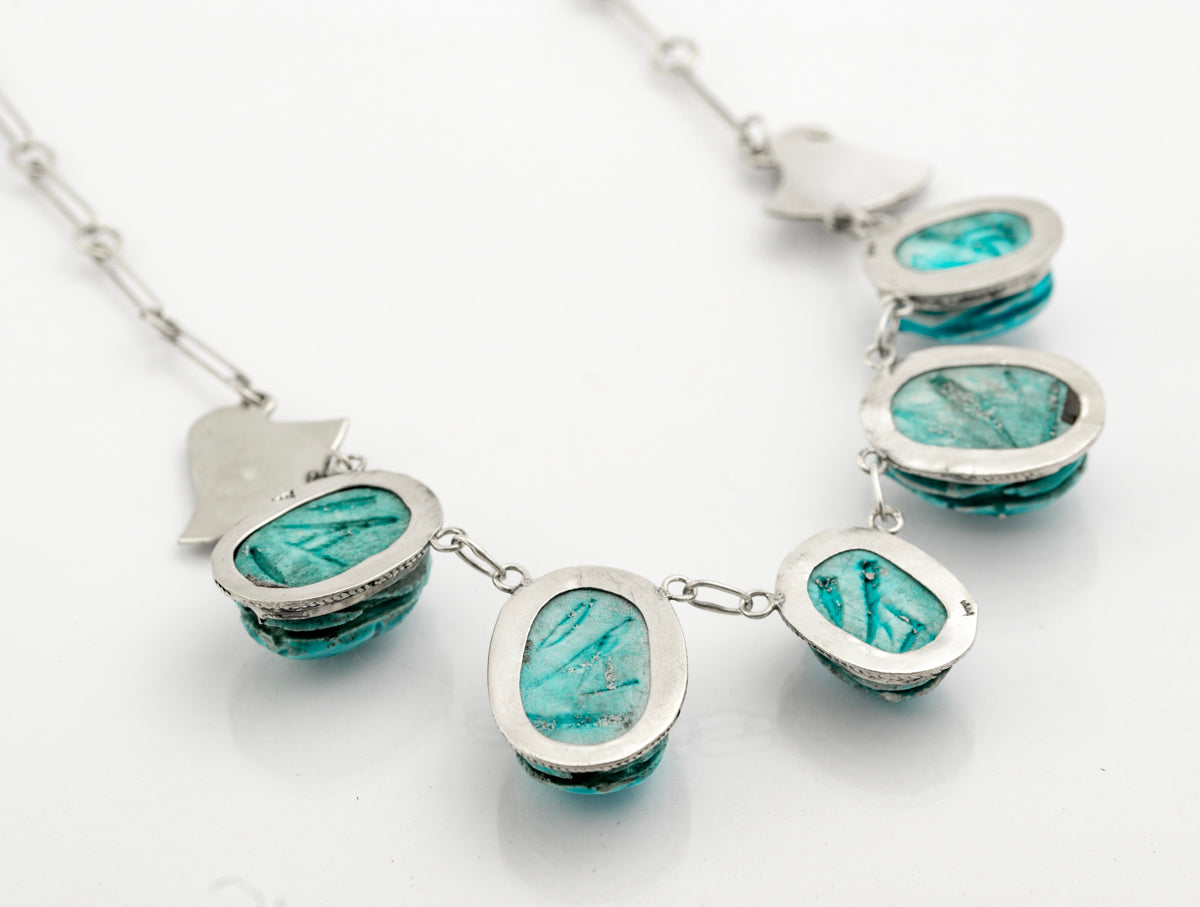Vintage Egyptian Revival .800 Silver & Faience Pottery Scarab Beetle Necklace (B2387)