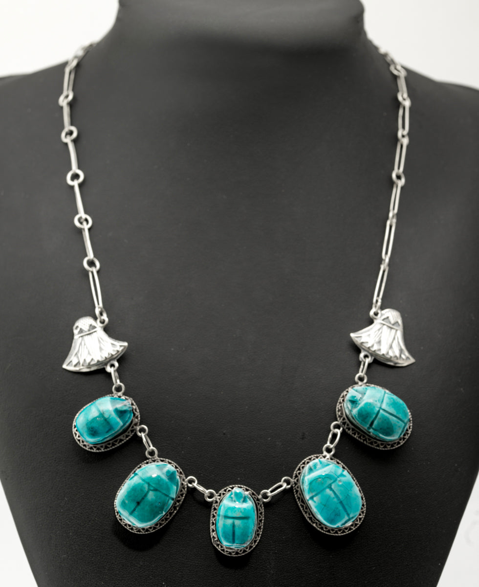 Vintage Egyptian Revival .800 Silver & Faience Pottery Scarab Beetle Necklace (B2387)