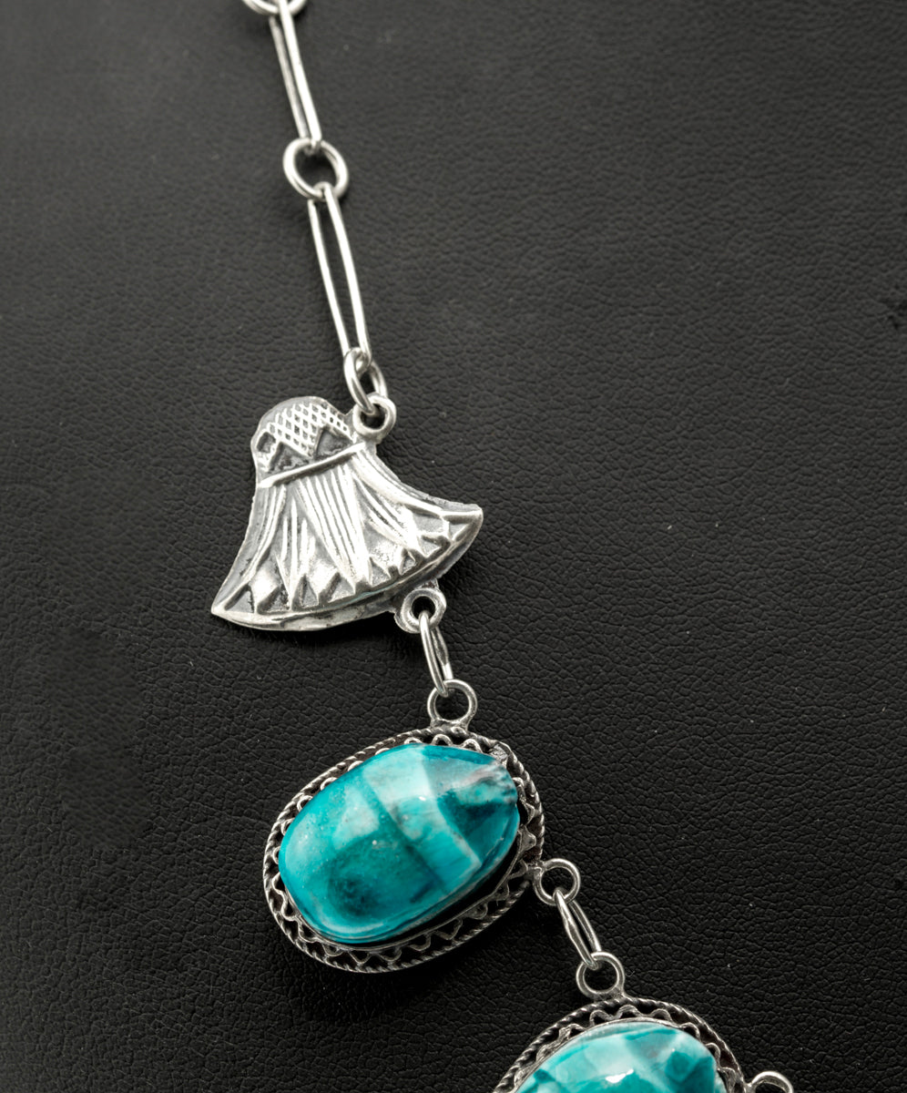Vintage Egyptian Revival .800 Silver & Faience Pottery Scarab Beetle Necklace (B2387)