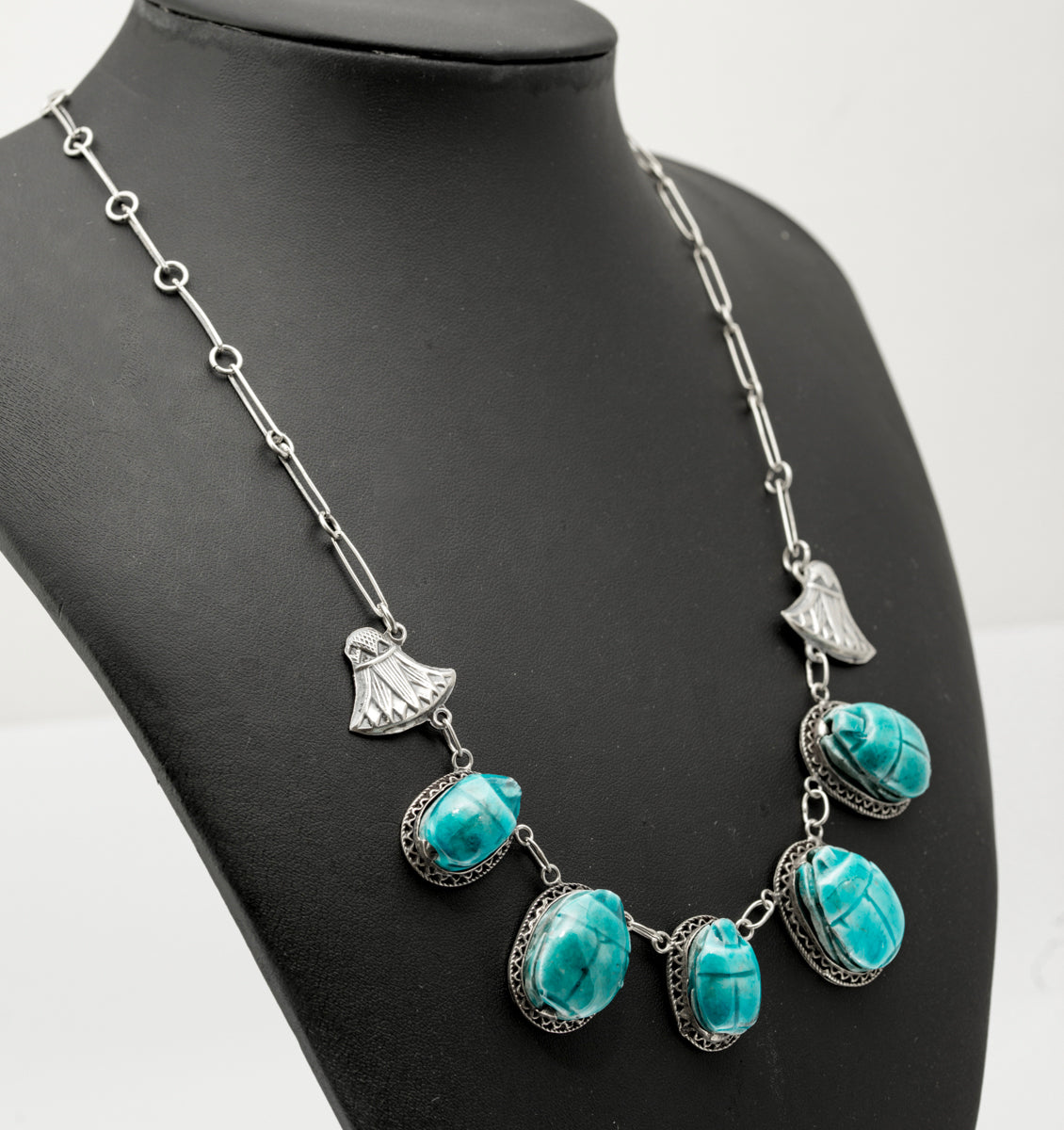 Vintage Egyptian Revival .800 Silver & Faience Pottery Scarab Beetle Necklace (B2387)