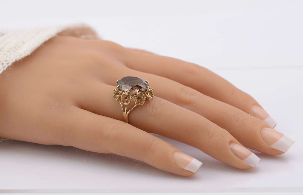 Vintage 9ct Gold & Natural Smoky Quartz Cocktail Ring Size L Hallmarked 1977 (B2392)