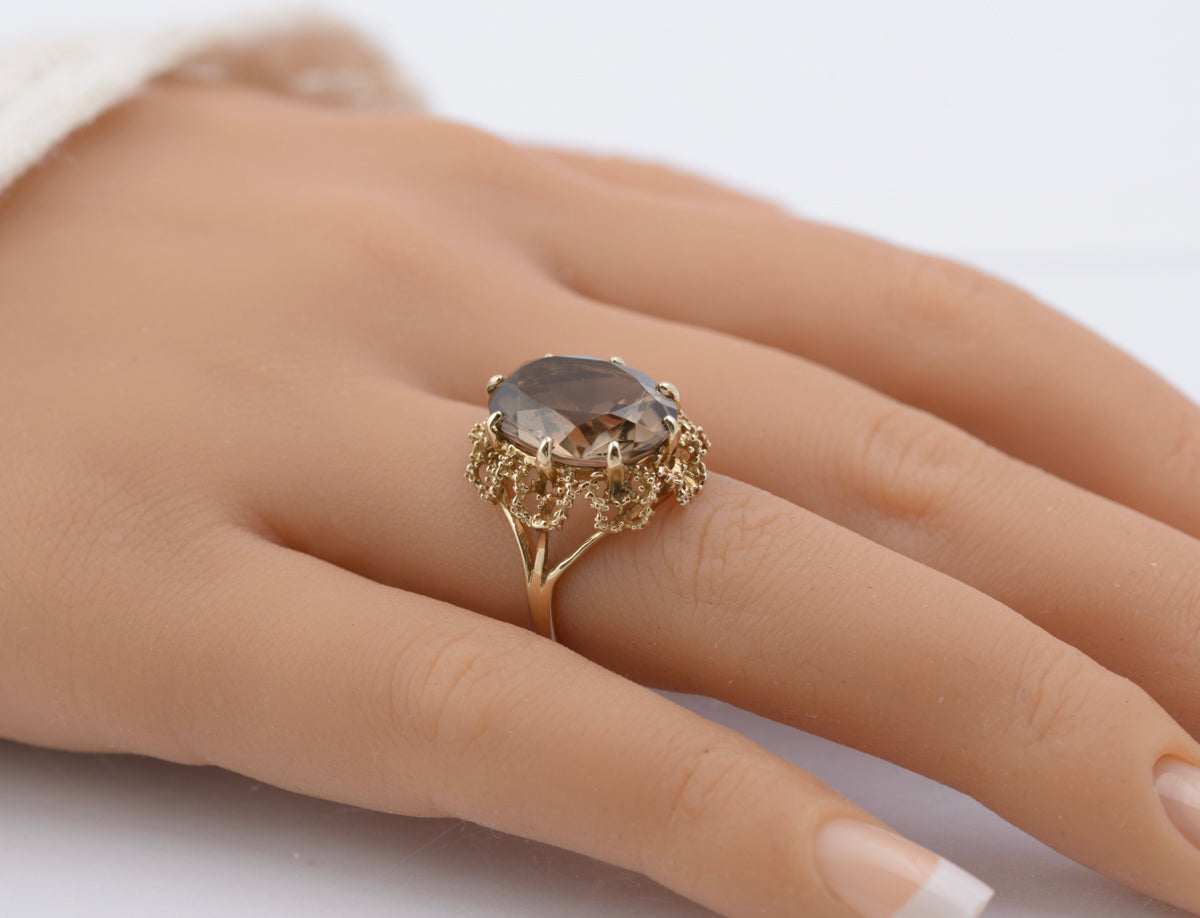 Vintage 9ct Gold & Natural Smoky Quartz Cocktail Ring Size L Hallmarked 1977 (B2392)