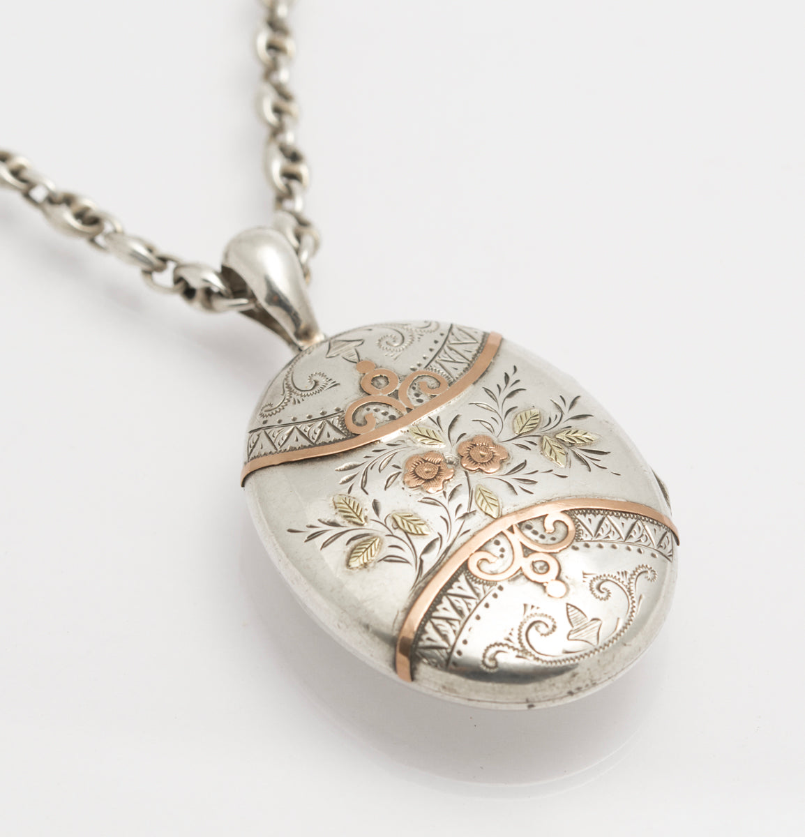 Antique Victorian Sterling Silver & Rose Gold Locket Pendant On Mariner Chain (B2395)