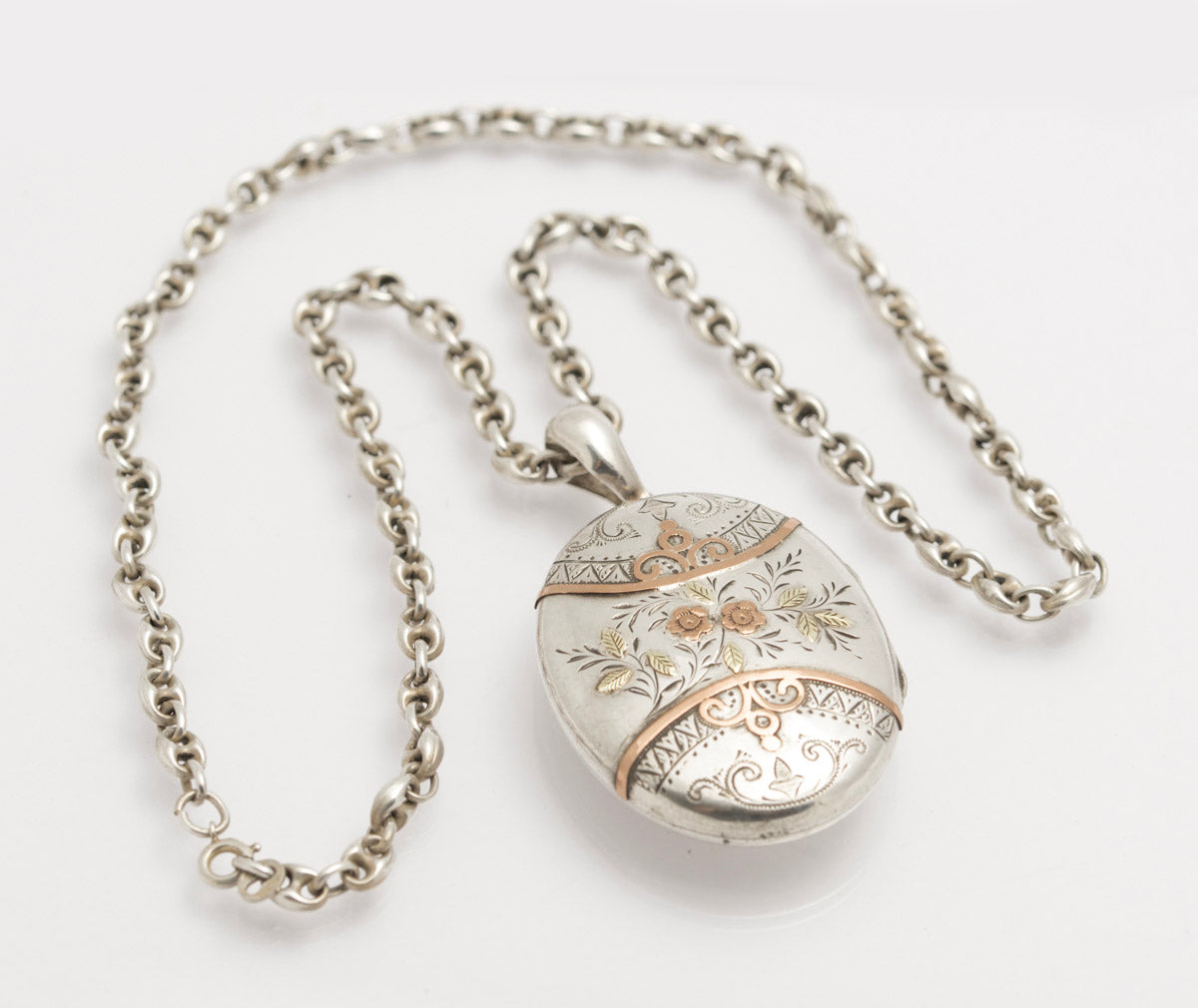 Antique Victorian Sterling Silver & Rose Gold Locket Pendant On Mariner Chain (B2395)