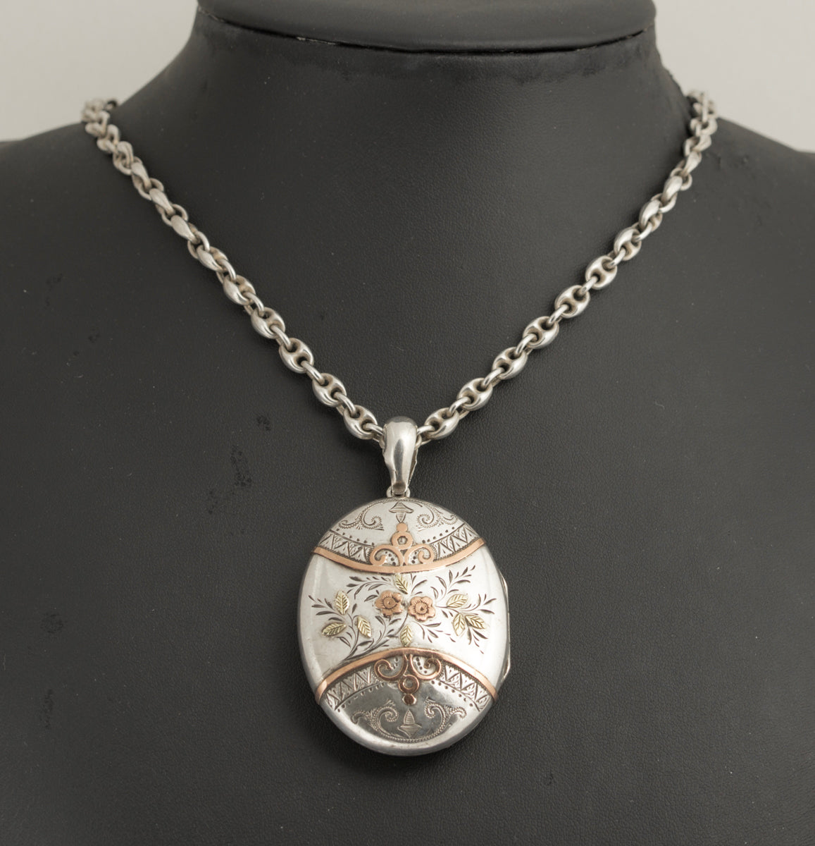 Antique Victorian Sterling Silver & Rose Gold Locket Pendant On Mariner Chain (B2395)
