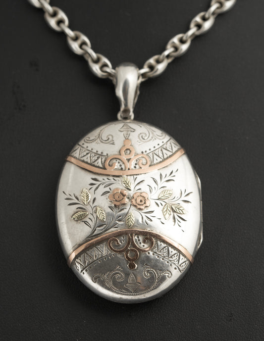 Antique Victorian Sterling Silver & Rose Gold Locket Pendant On Mariner Chain (B2395)