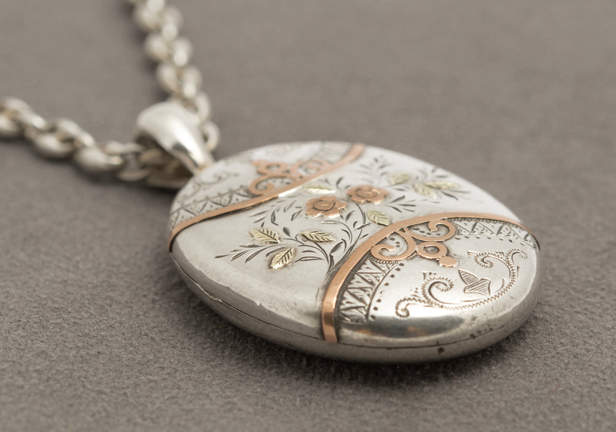 Antique Victorian Sterling Silver & Rose Gold Locket Pendant On Mariner Chain (B2395)