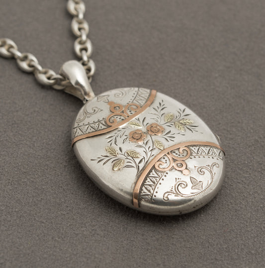 Antique Victorian Sterling Silver & Rose Gold Locket Pendant On Mariner Chain (B2395)