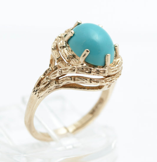 Vintage 9ct Yellow Gold & Natural Turquoise Cabochon Women's Ring UK Size J1/2 (B2400)