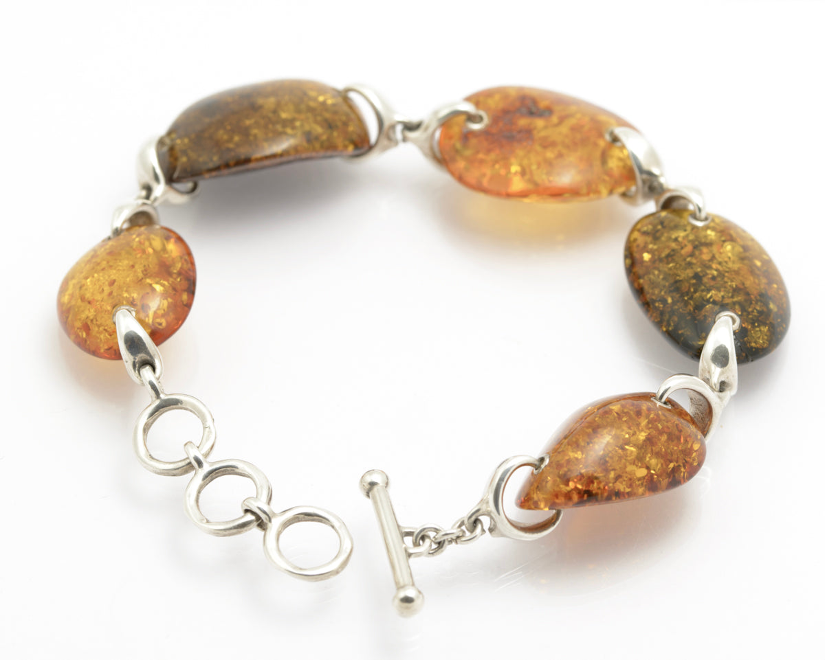 Vintage Sterling Silver Large Natural Chunky Amber Bracelet T Bar Clasp (B2415)
