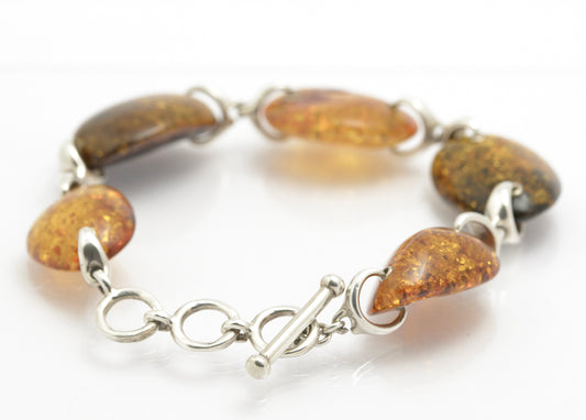 Vintage Sterling Silver Large Natural Chunky Amber Bracelet T Bar Clasp (B2415)