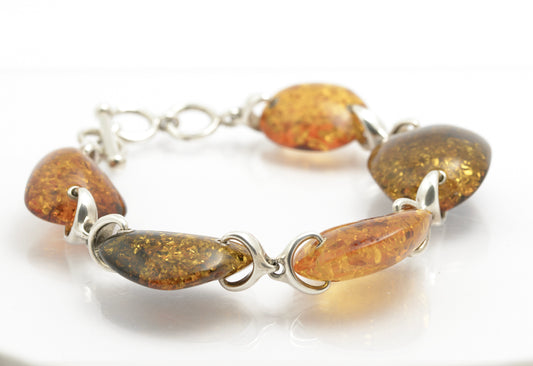 Vintage Sterling Silver Large Natural Chunky Amber Bracelet T Bar Clasp (B2415)
