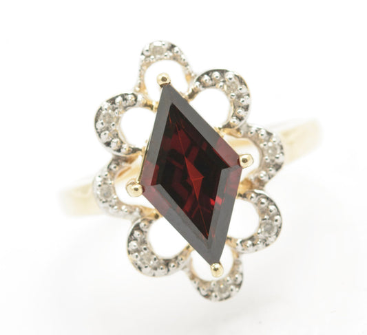 9ct Gold Natural Garnet & Diamond Dress Ring With Looped Halo Sheffield Hallmark(B2417)