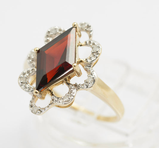 9ct Gold Natural Garnet & Diamond Dress Ring With Looped Halo Sheffield Hallmark(B2417)