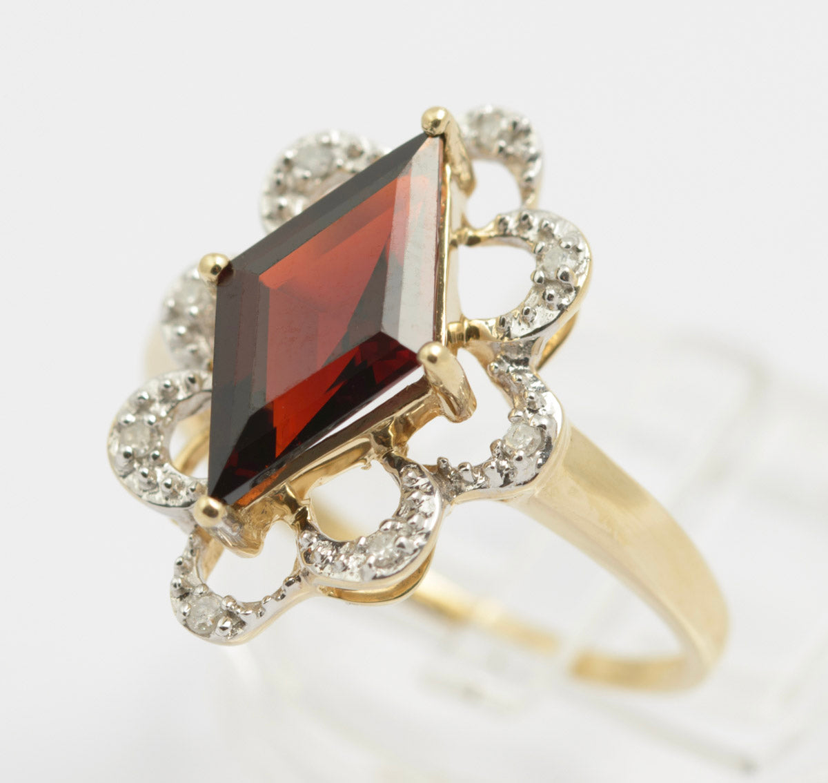 9ct Gold Natural Garnet & Diamond Dress Ring With Looped Halo Sheffield Hallmark(B2417)