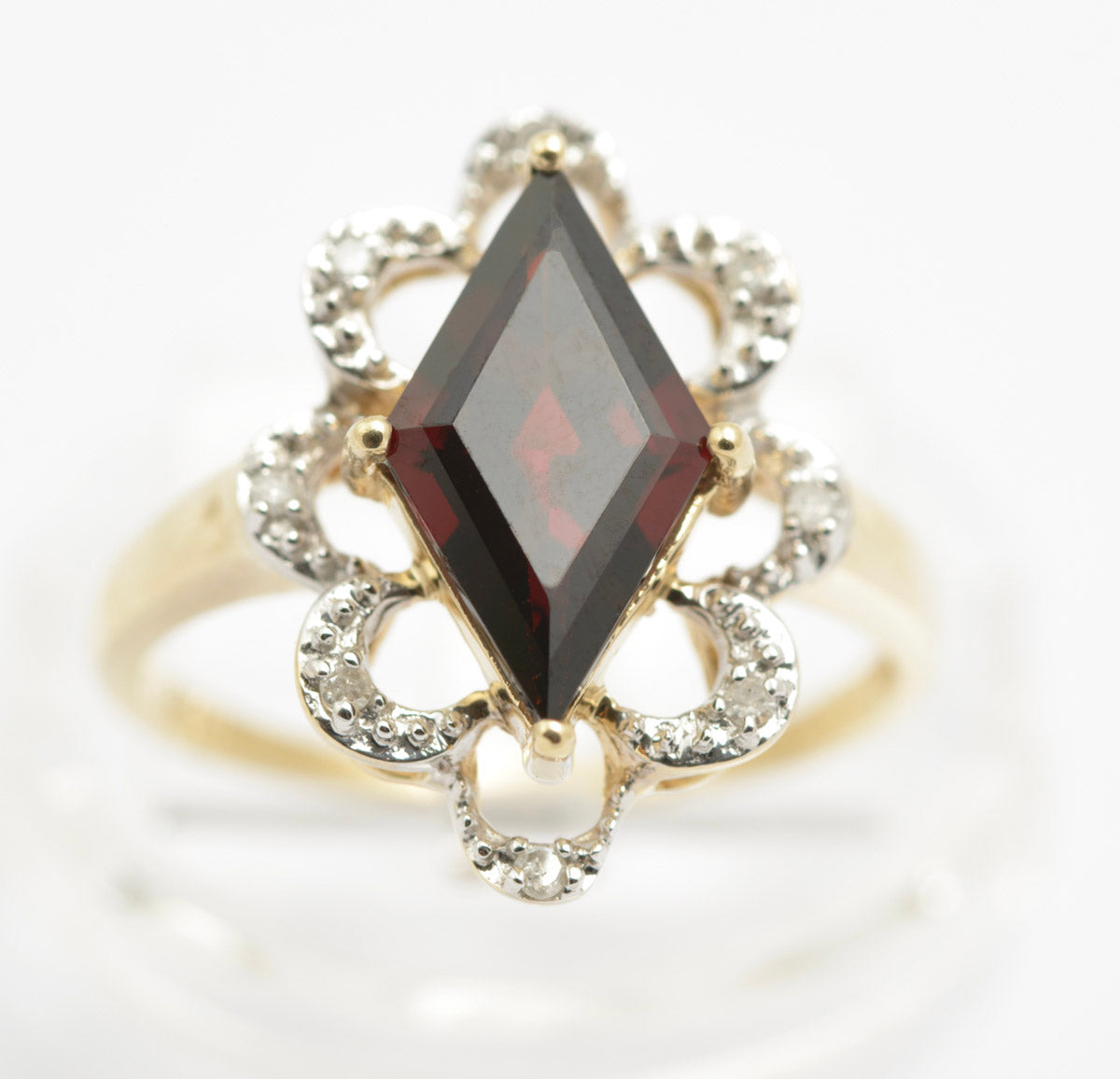 9ct Gold Natural Garnet & Diamond Dress Ring With Looped Halo Sheffield Hallmark(B2417)