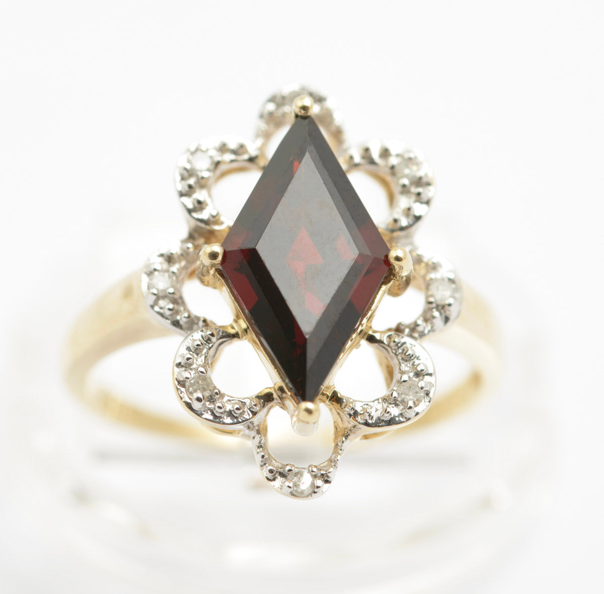 9ct Gold Natural Garnet & Diamond Dress Ring With Looped Halo Sheffield Hallmark(B2417)