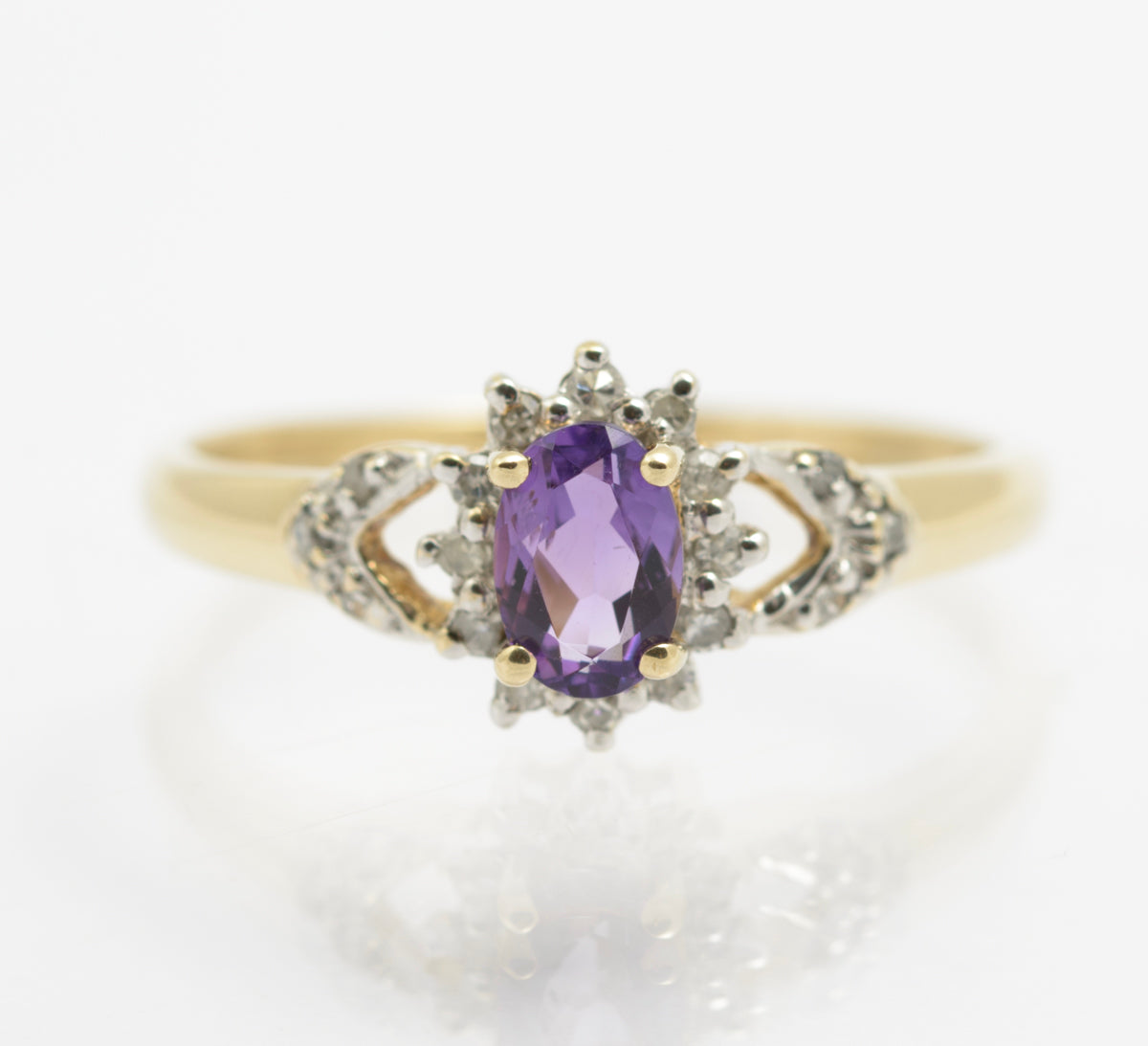 Vintage 9ct Gold Natural Amethyst & Diamond Halo Ring c.1980s Hallmarked (B2418)