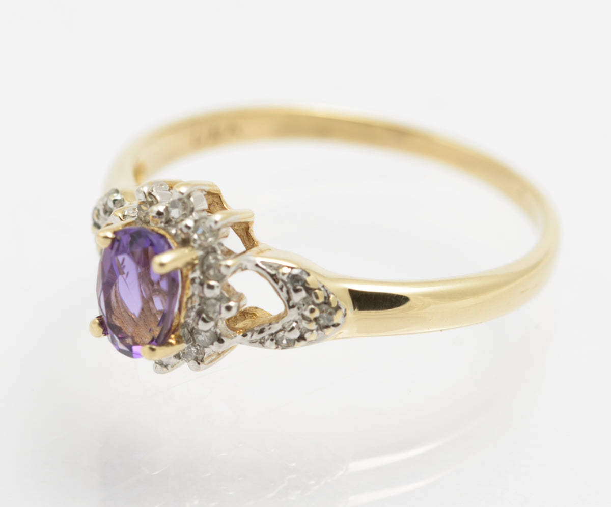 Vintage 9ct Gold Natural Amethyst & Diamond Halo Ring c.1980s Hallmarked (B2418)
